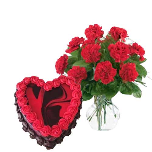 Heart Shape Marble Cake with Red Carnations