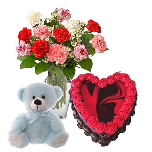 Heart Shape Marble Cake with BlueTeddy N Carnations