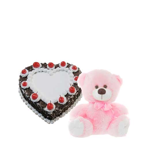 Heart Shape Black Forest Cake with Teddy Bear