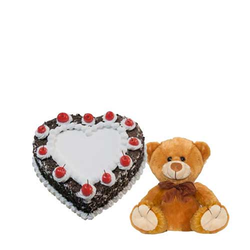 Heart Shape Black Forest Cake with Brown Teddy Bear