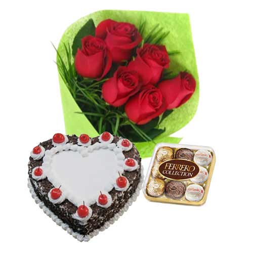 Heart Shape Black Forest Cake with Roses N Ferrero Rocher 16