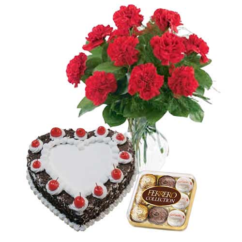 Heart Shape Black Forest with Carnations N Ferrero Rocher 16
