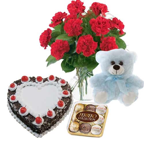 Hearty Black Forest Cake with Teddy N Carnations