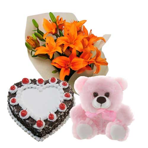 Heart Shape Black Forest Cake with Teddy N Orange Lilies