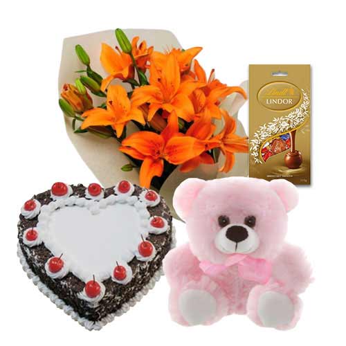 Heart Shape Black Forest Cake with Teddy N Chocolate Bag