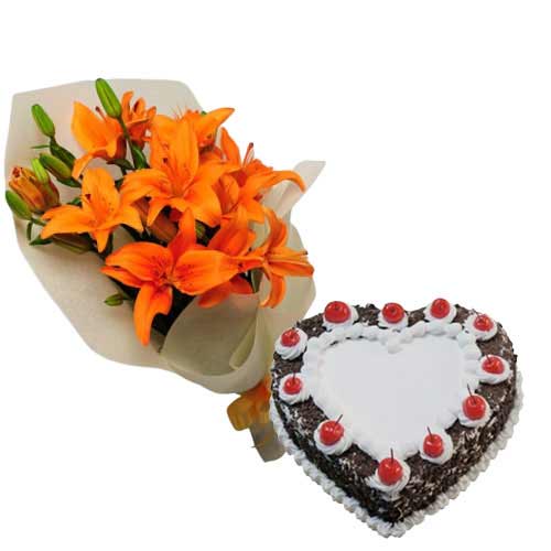 Heart Shape Black Forest Cake with Orange Lilies