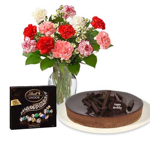 Carnations with chocolate cheesecake & Lindt Dark Chocolate Box