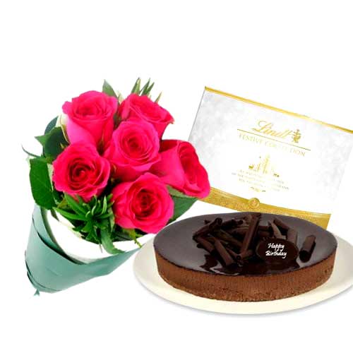 Pink Roses with chocolate cheesecake & Lindt Festive Collection