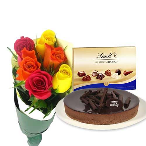 Mixed Roses with chocolate cheesecake & Lindt Prestige Selection