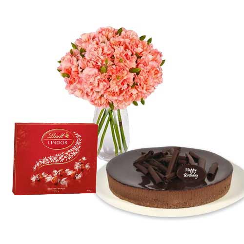 Pink Carnations with chocolate cheesecake & Lindt Chocolate Box