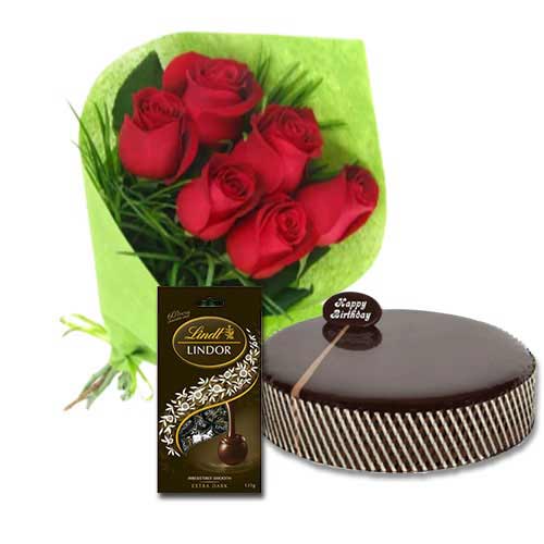 Chocolate Mud Cake with Red Roses & Lindt Extra Dark Chocolates
