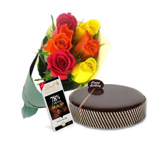Chocolate Mud Cake with Mix Roses & Lindt Dark Cocoa Chocolate