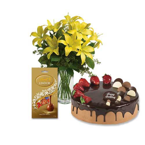 Yellow Lilies with Choco Strawberry Cake & Assorted Chocolate