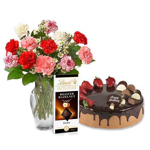 Mix Color Carnations with Choco Strawberry cake & Lindt Dark Chocolate
