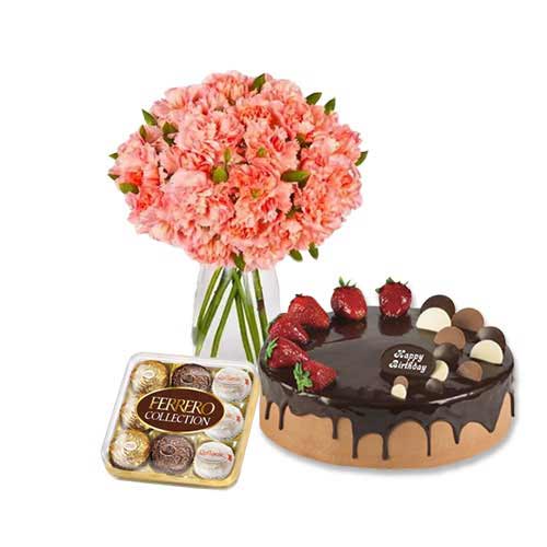 Pink Carnations with Choco Strawberry Cake & Ferrero Rocher