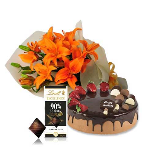 Orange Lilies with Choco Strawberry Cake & Lindt Dark Chocolate