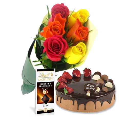 Choco Strawberry Cake with Mix Roses & Lindt Dark Chocolate