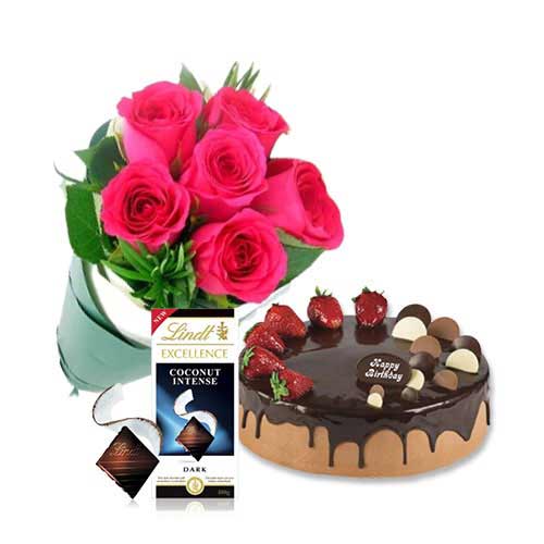 Choco Strawberry Cake with Pink Roses & Lindt Coconut Chocolate