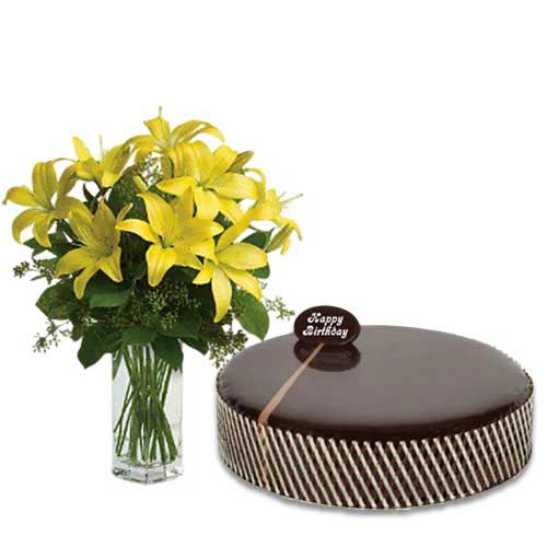 Chocolate Mud Cake with Yellow Lilies