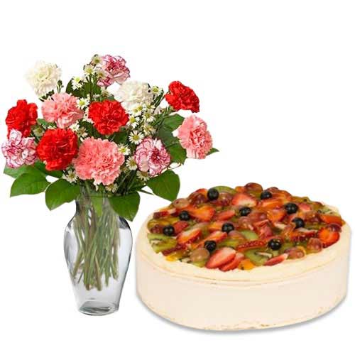 Fruit Cake with Mix Color Carnations