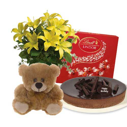 Lilies Bouquet with chocolate cheesecake & Lindt Milk Chocolate Box & 6 inch Teddy