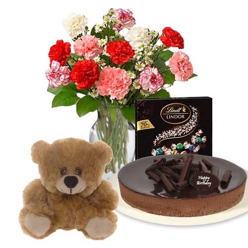 Carnations with chocolate cheesecake & Lindt Dark Chocolate Box & 6 inch Teddy