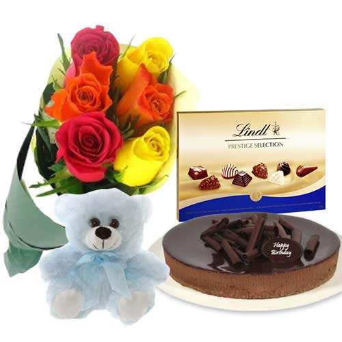 Mixed Roses with chocolate cheesecake & Lindt Prestige Selection & 6 inch Teddy