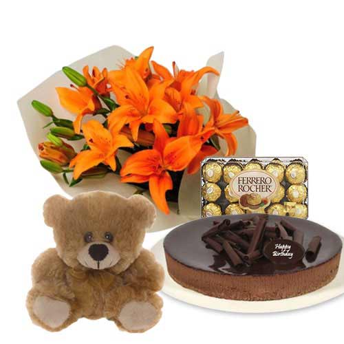 Orange Lilies with Chocolate Cheesecake & Ferrero Rocher & 6 inch Teddy