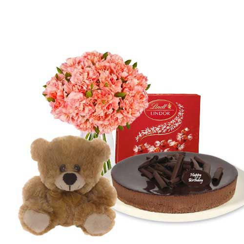 Pink Carnations with chocolate cheesecake & Lindt Chocolate Box & 6 inch Teddy