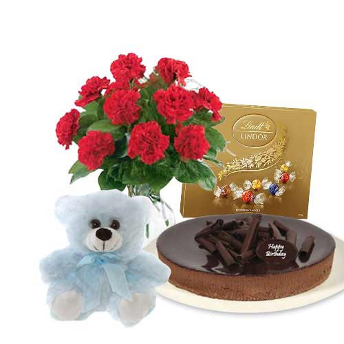 Red Carnations with chocolate cheesecake & Lindt Assorted chocolates & 6 inch Teddy