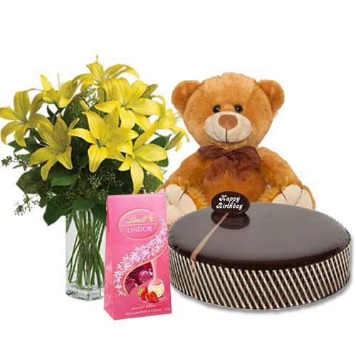 Chocolate Mud Cake with Yellow Lilies & Lindt Strawberry Chocolates & 8 inch Teddy