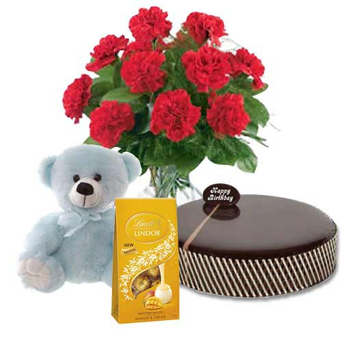 Chocolate Mud Cake with Red Carnations & Lindt Mango Chocolates & 8 inch Teddy