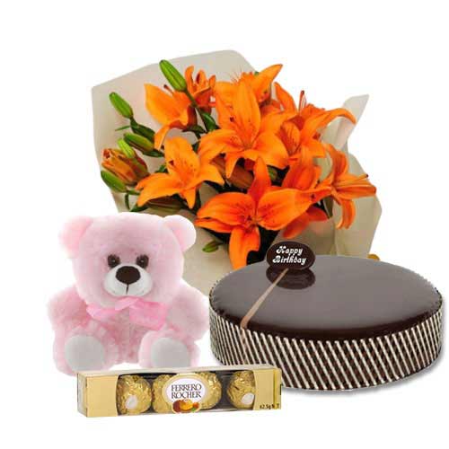 Chocolate Mud Cake with Orange Lilies & Ferrero Rocher & 6 inch Teddy