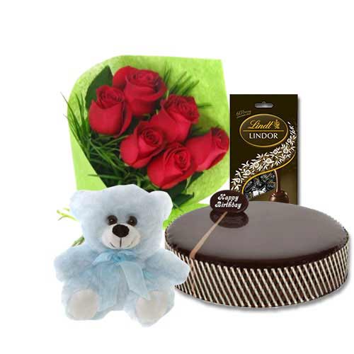 Chocolate Mud Cake with Red Roses & Lindt Extra Dark Chocolates & 6 inch Teddy