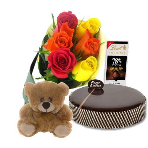 Chocolate Mud Cake with Mix Roses & Lindt Chocolate & 6 inch Teddy
