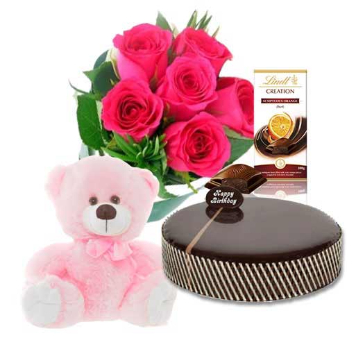 Chocolate Mud Cake with Pink Roses & Lindt Orange Chocolate & 8 inch Teddy