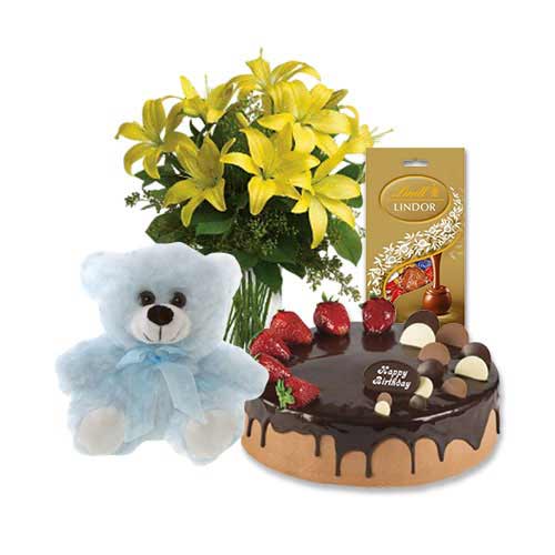 Yellow Lilies with Choco Strawberry Cake & Assorted Chocolate & 6 inch Teddy