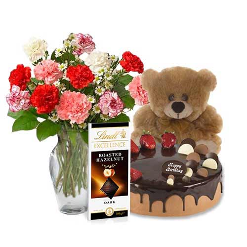 Mix Color Carnations with Choco Strawberry cake & Lindt Dark Chocolate & 6 inch Teddy