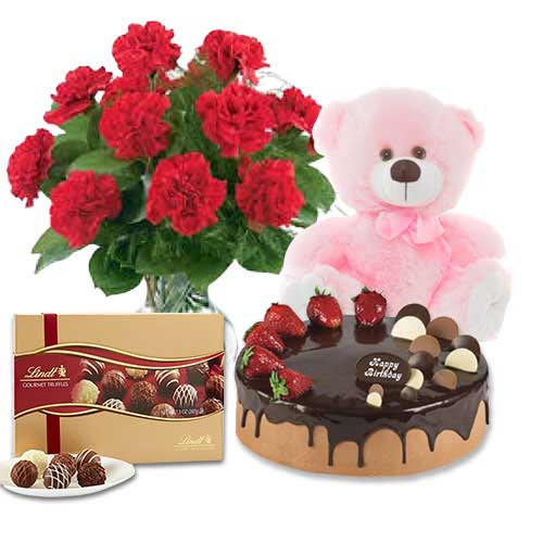Red Carnations with Choco Strawberry Cake & Lindt Gourmet Truffles & 8 inch Teddy
