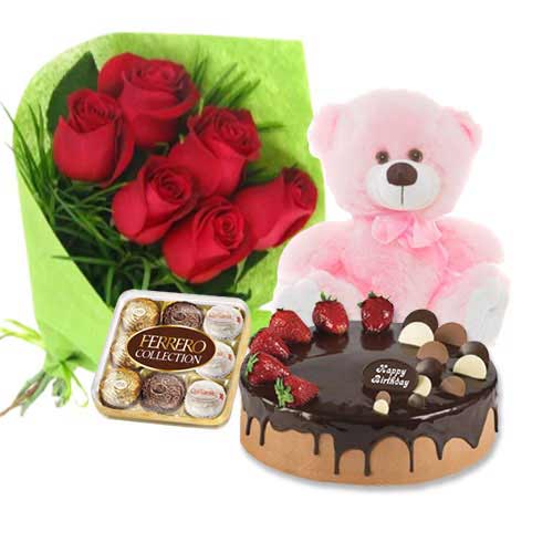 Red Roses with Choco Strawberry Cake & Ferrero Rocher & 8 inch Teddy