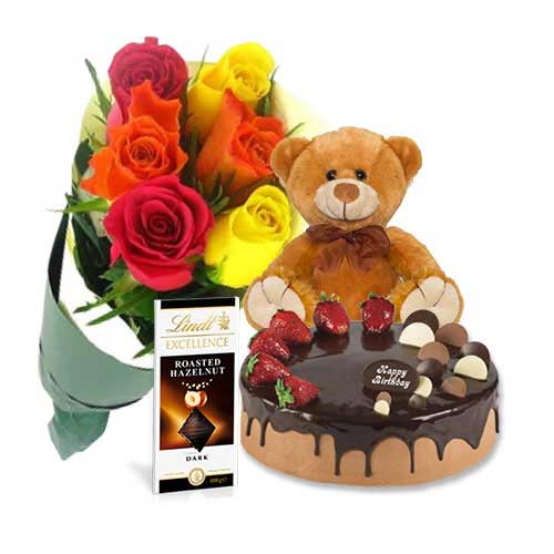 Choco Strawberry Cake with Mix Roses & Lindt Dark Chocolate & 8 inch Teddy