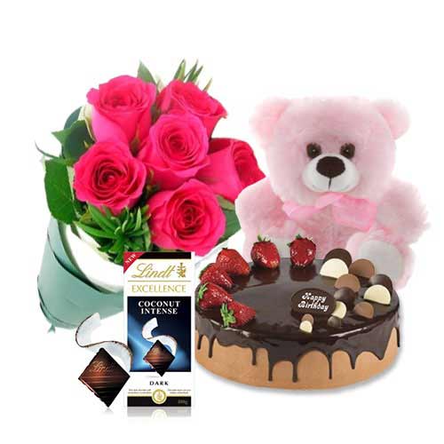 Choco Strawberry Cake with Pink Roses & Lindt Coconut Chocolate & 6 inch Teddy