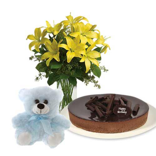 Lilies Bouquet with chocolate cheesecake & 6 inch Teddy