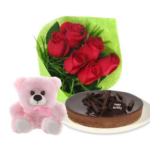 Red roses with chocolate cheesecake & 6 inch Teddy