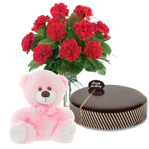 Chocolate Mud Cake with Red Carnations & 8 inch Teddy