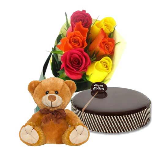 Chocolate Mud Cake with Mix Roses & 8 inch Teddy