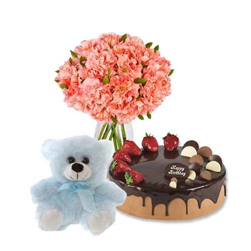 Pink Carnations with Choco Strawberry Cake & 6 inch Teddy