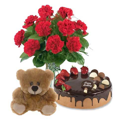 Red Carnations with Choco Strawberry Cake & 6 inch Teddy