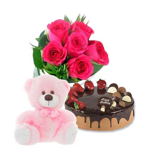 Choco Strawberry Cake with Pink Roses & 8 inch Teddy