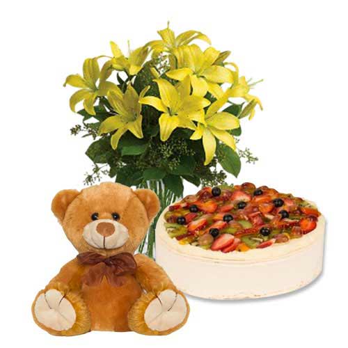 Fruit Cake with Yellow Lilies & 8 inch Teddy
